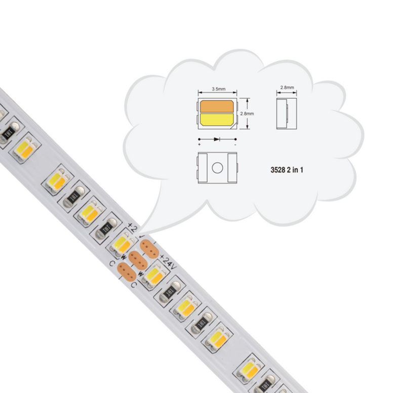 CCT LED strip with two LED chips fixed at different temperatures. 
