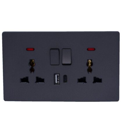 ARC Matt Black Multi Function Double Socket Switch With Neon - Universal Plug - 1 x USB-A + 1 x USB-C