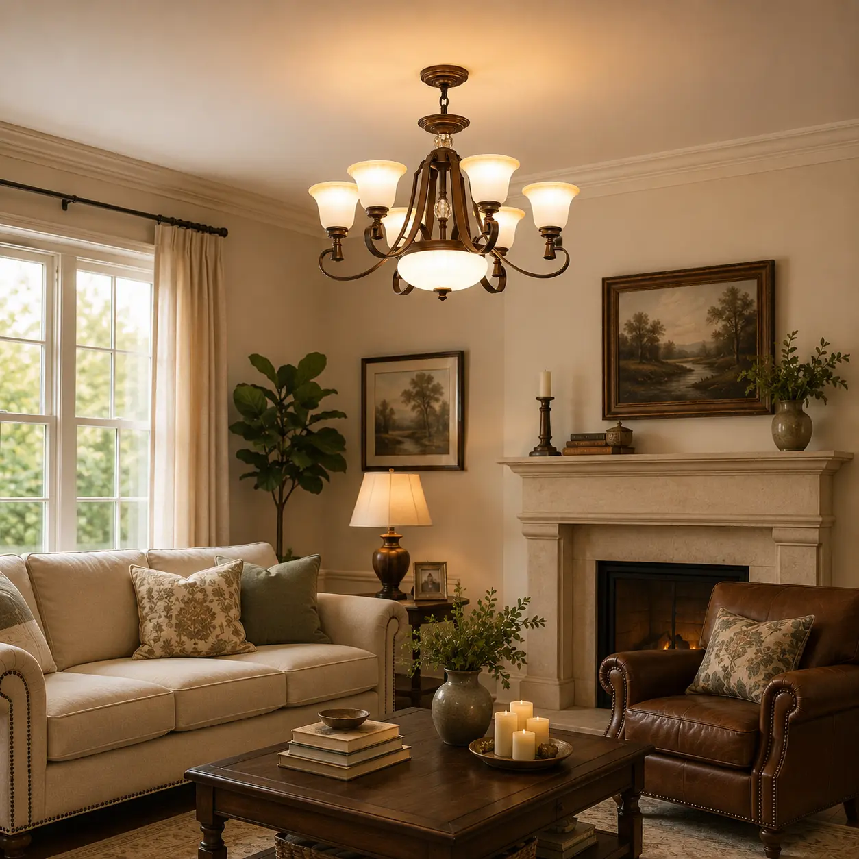 Vintage Brushed Bronze 6 Lamp Chandelier