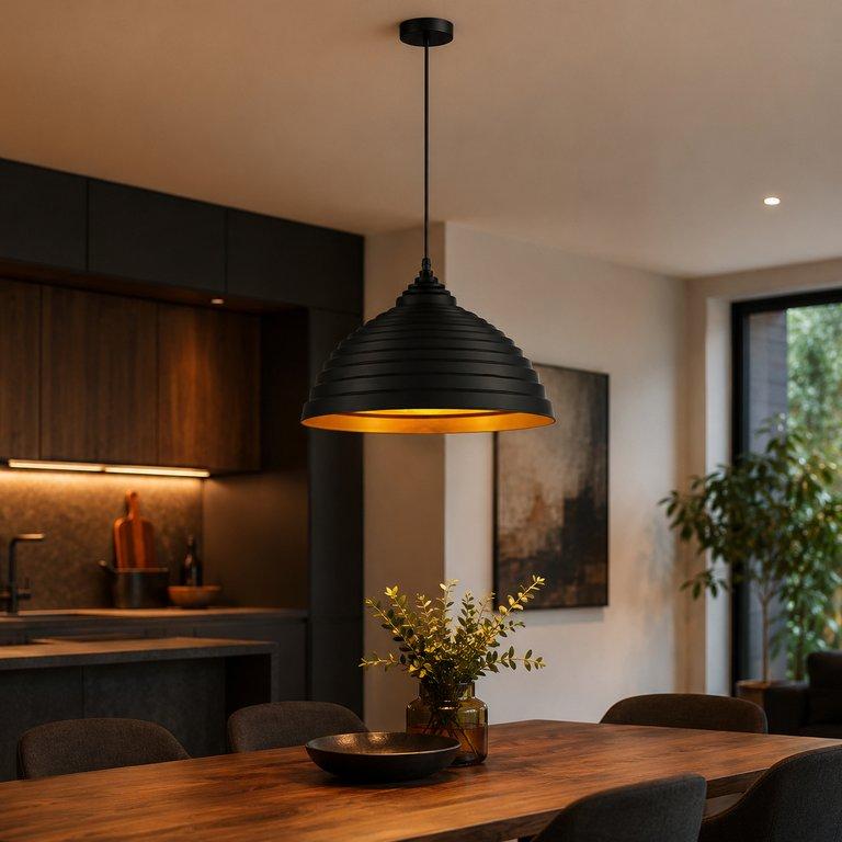 The Ribbed 400mm Wide Dome Pendant Light - Matte Black & Gold Aluminum