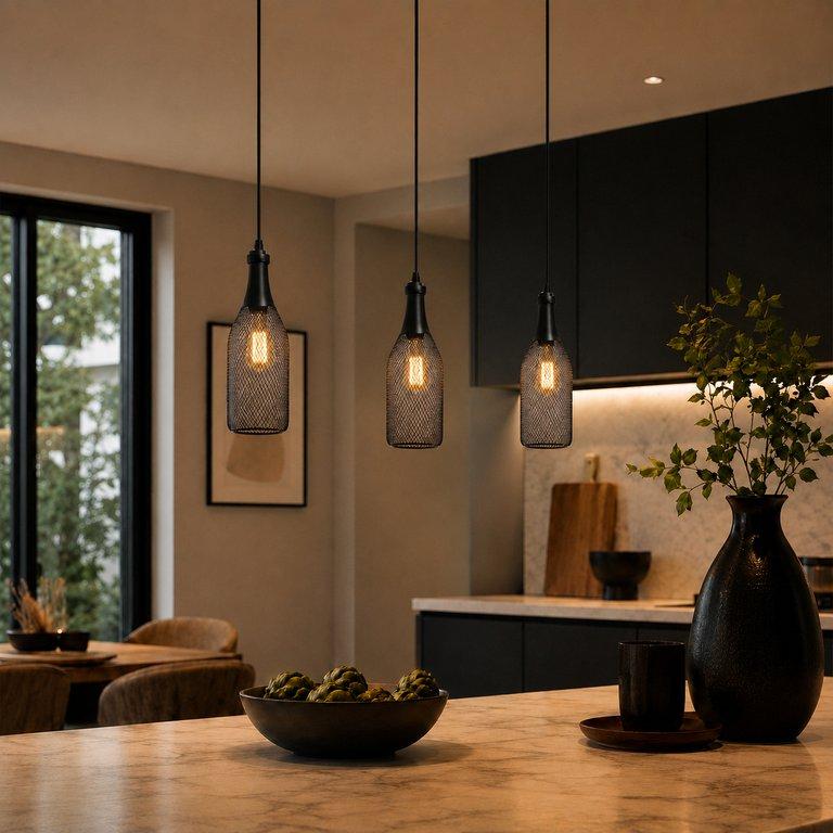 The Wire Cage 140mm Wide Bottle Pendant Light - Matte Black Iron