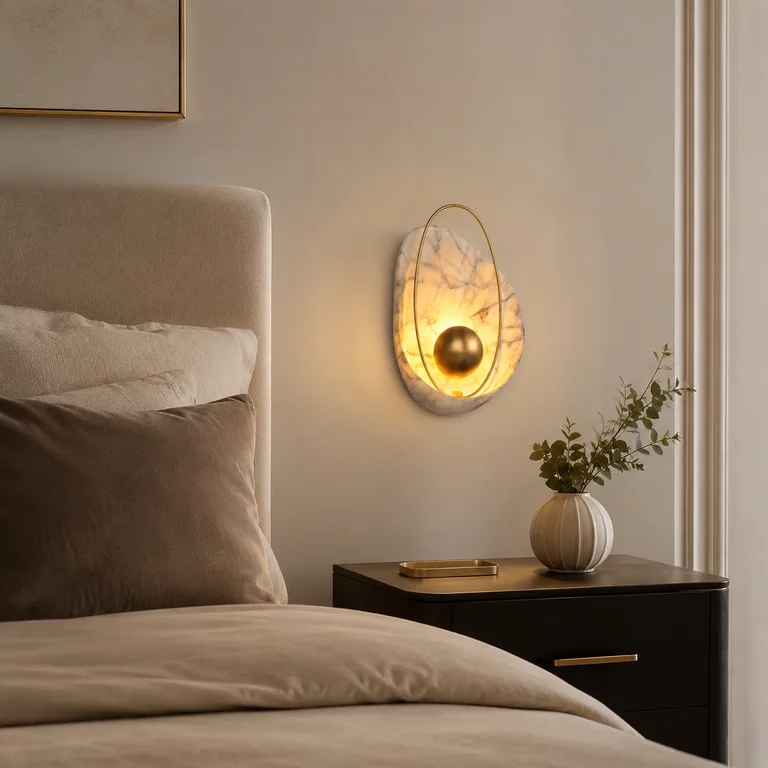 The Dawn 240mm Wide Organic Marble Wall Light - White Marble & Brushed Gold