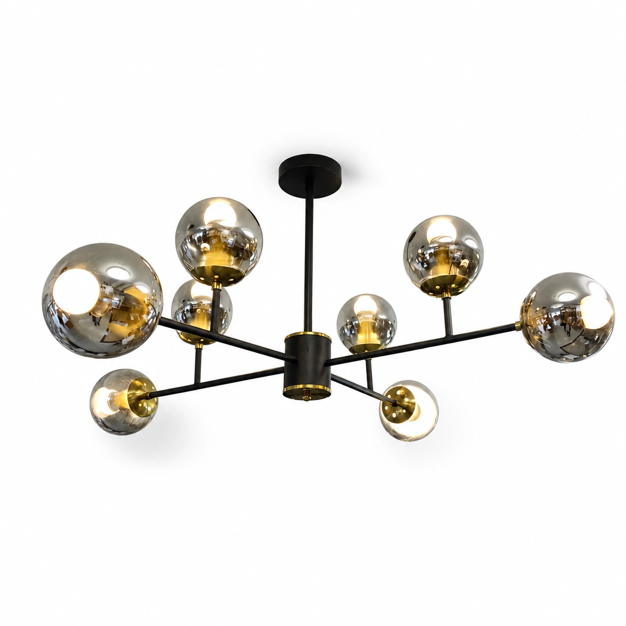 The Sterling 890mm Wide Smoked Glass Globe Chandelier - Black Iron
