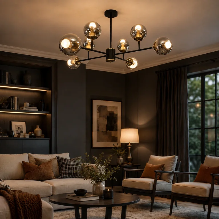 The Sterling 890mm Wide Smoked Glass Globe Chandelier - Black Iron