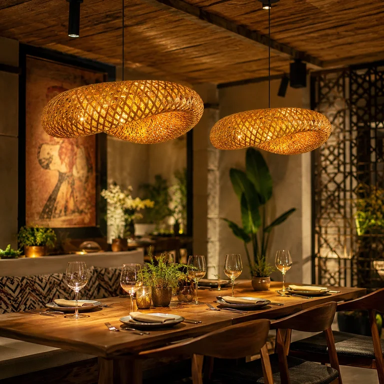 The Cedar 600mm Wide Woven Bamboo Lens Pendant Light
