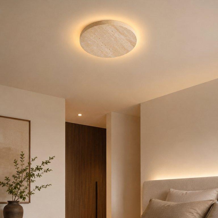 The Halo 300mm Wide Ceiling & Wall Light - Natural Stone & Walnut Wood