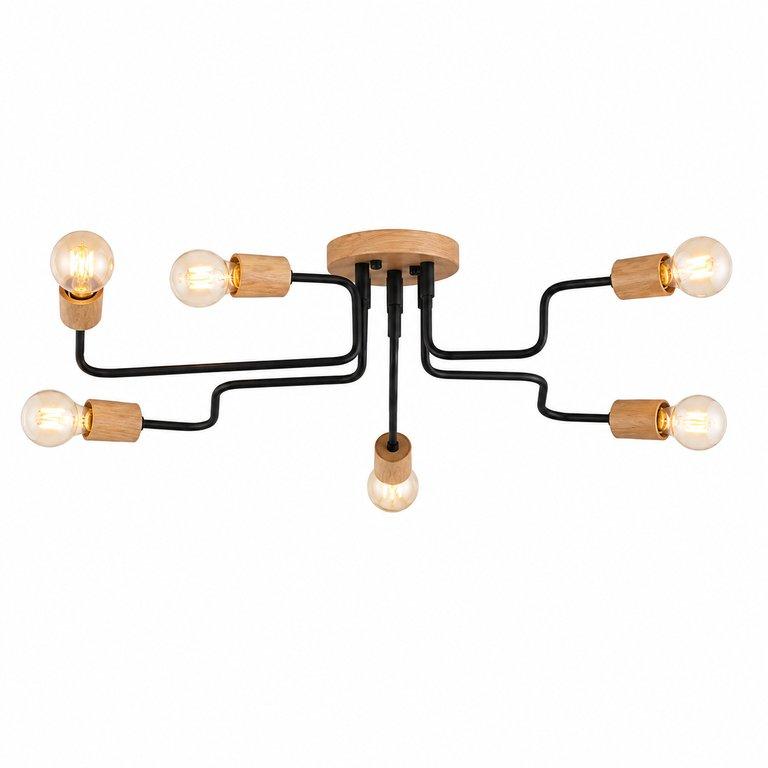 The Branch 33.5" Long 6-Light E27 Wood Ceiling Light - Black Finish - Metal & Wood