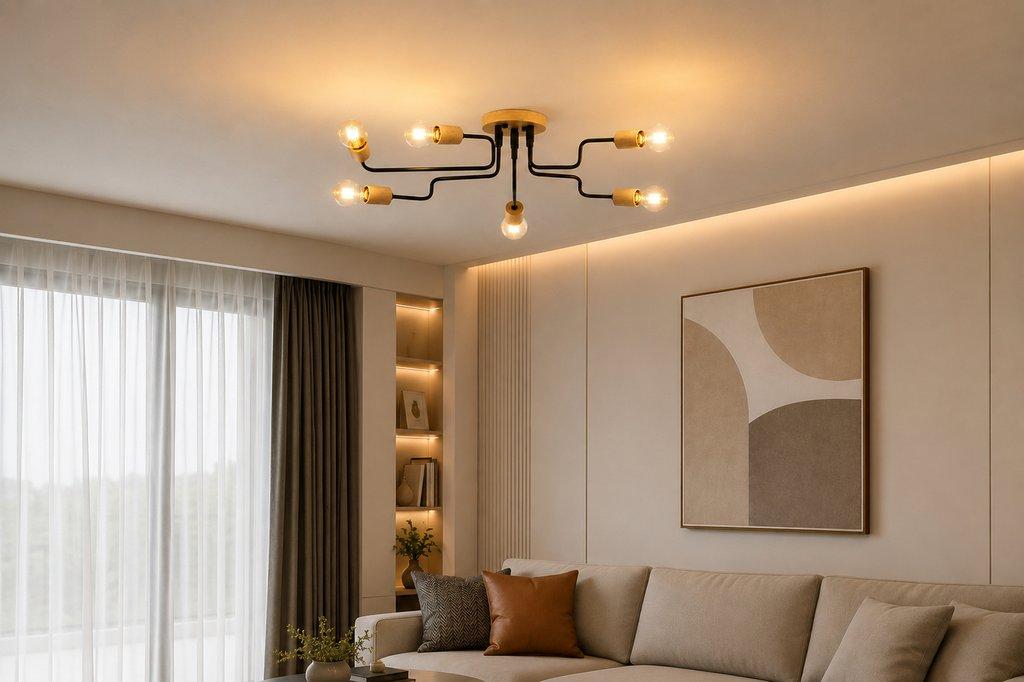 The Branch 33.5" Long 6-Light E27 Wood Ceiling Light - Black Finish - Metal & Wood