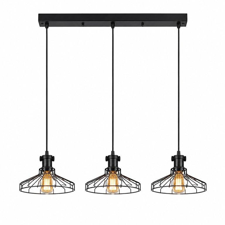 The Dome Cage 29" Long 3-Light E27 Linear Pendant - Black Finish - Metal