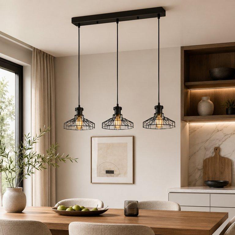 The Dome Cage 29" Long 3-Light E27 Linear Pendant - Black Finish - Metal