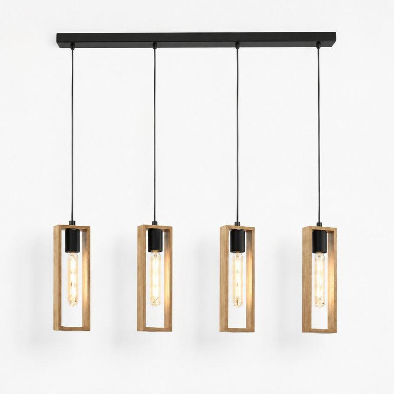 The Rectangular Frame 39" Long 4-Light E27 Linear Pendant - Black Finish - Metal & Wood