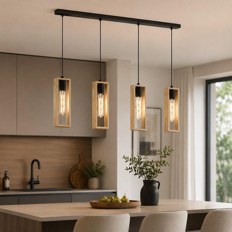 The Rectangular Frame 39" Long 4-Light E27 Linear Pendant - Black Finish - Metal & Wood